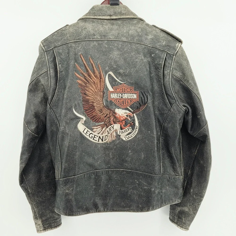 Harley Davidson Legendary Eagle Leather Moto Jacket Distressed w/ Liner Large